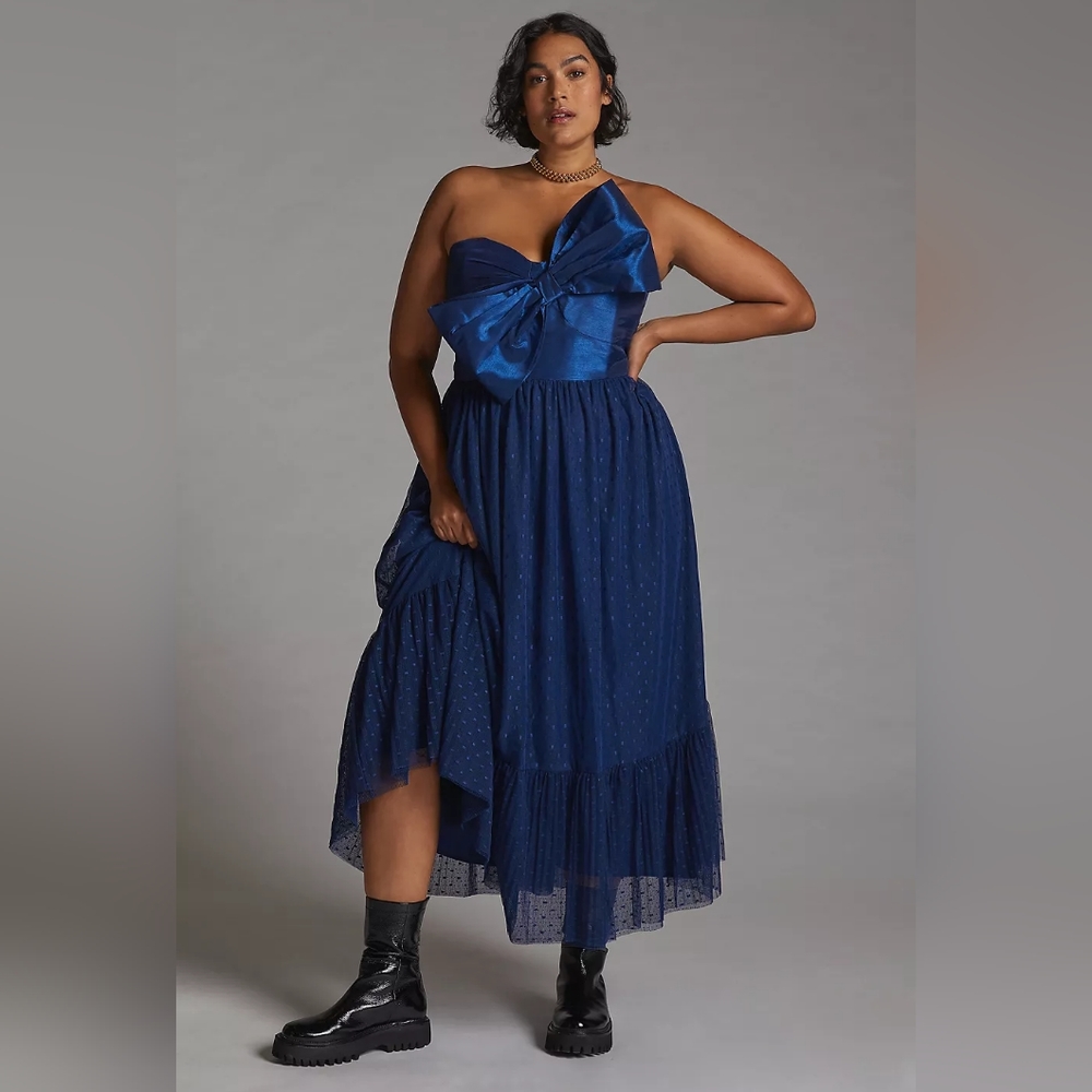 NWT Anthropologie Hutch Dress 12 Tulle Mesh Bow Midi Tiered Blue Formal Hoco